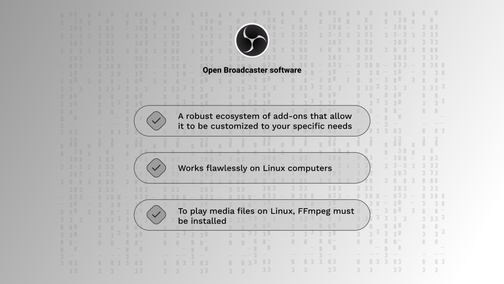 Open broadcaster provides endocing services for linux computers.
