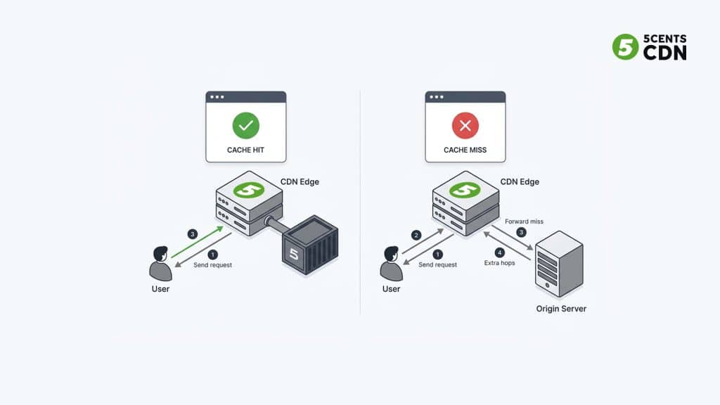 Cache hit vs cache miss flow diagram — CDN request path comparison