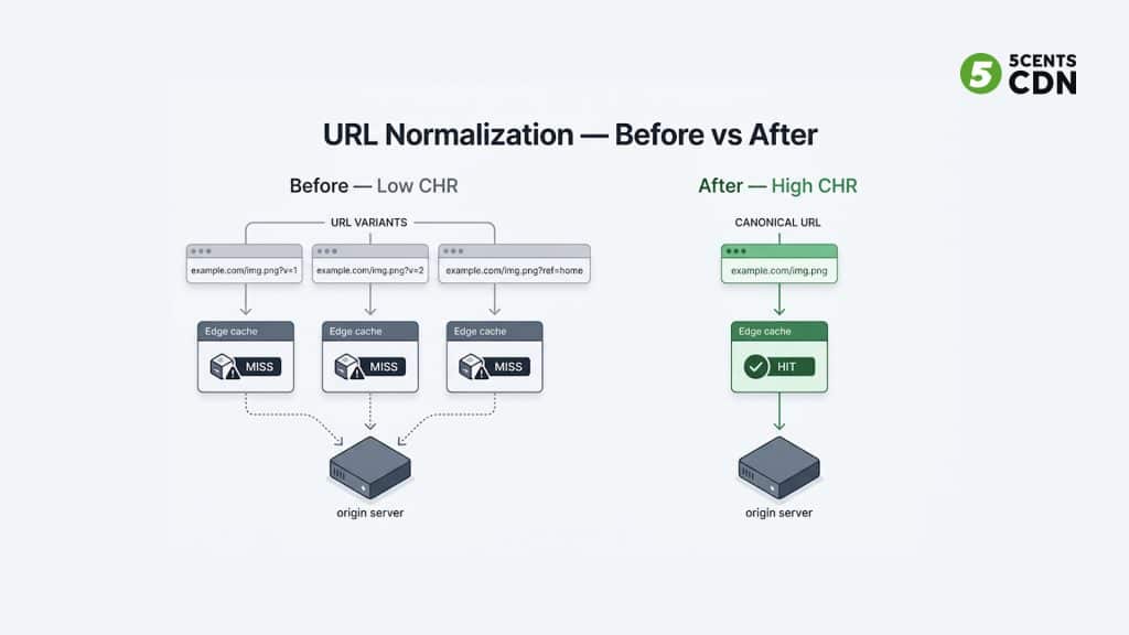 URL normalization for CDN cache optimization — before and after comparison
