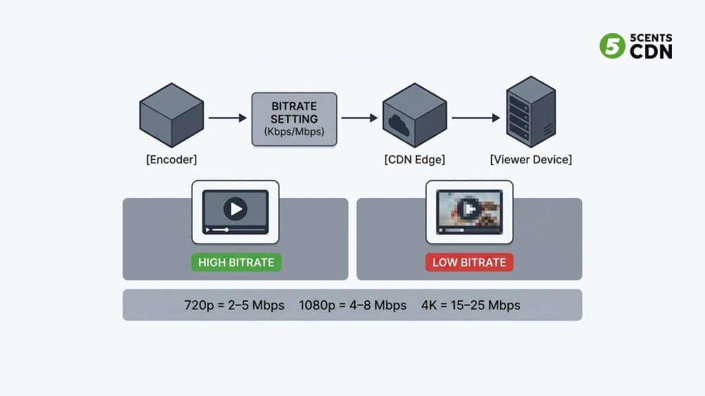 What is streaming bitrate — encoder to viewer pipeline diagram showing how bitrate affects video quality