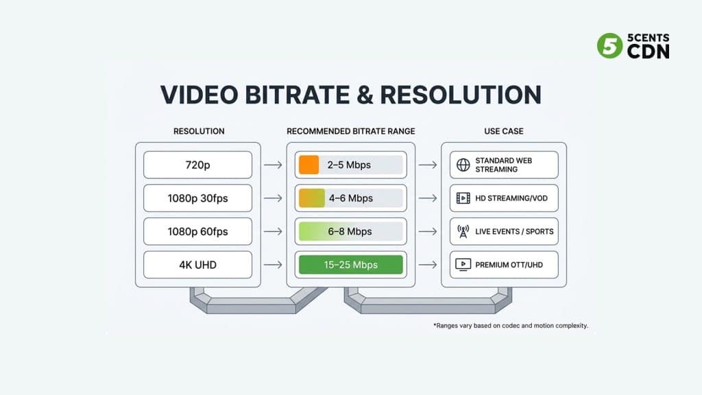 Video bitrate vs resolution settings table — recommended Mbps for 720p, 1080p, and 4K streaming