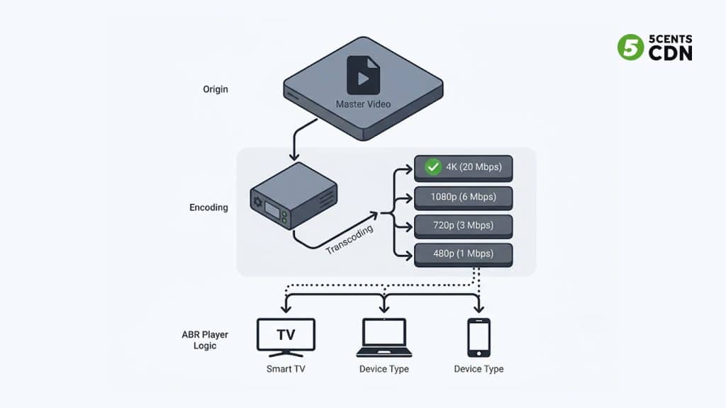 Adaptive bitrate streaming architecture diagram — how ABR automatically adjusts video quality for viewers