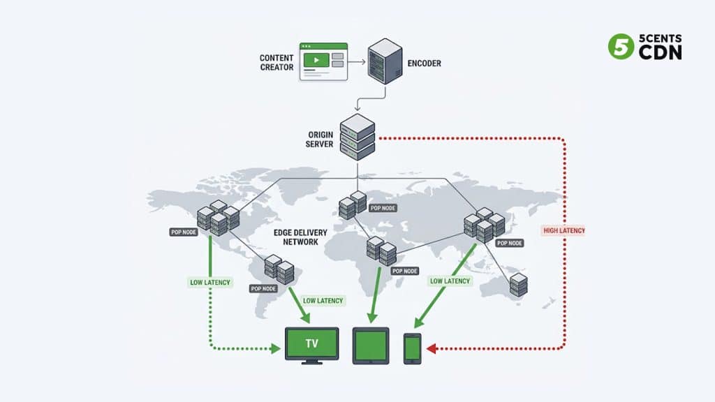 OTT platform CDN architecture diagram — how content delivery network connects encoder to global viewers