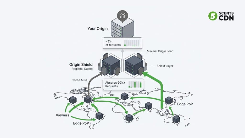 Tiered CDN caching architecture for OTT platforms — origin shield reduces origin load by 90 percent