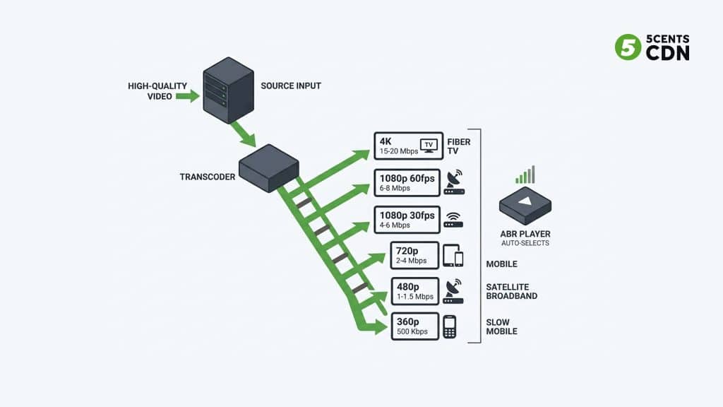 Explanation_Template 1 - 5centsCDN | Video Live Streaming | CDN | Restream ABR bitrate ladder diagram — how video transcoding creates multiple renditions for adaptive streaming