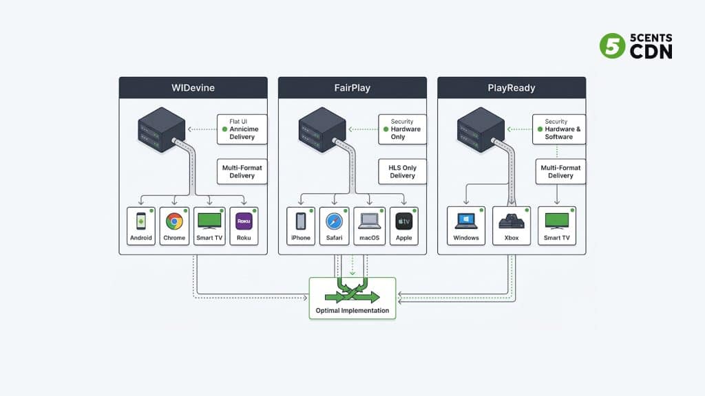 Explanation_Template 1 - 5centsCDN | Video Live Streaming | CDN | Restream Widevine vs FairPlay vs PlayReady DRM comparison — device support, security levels, and streaming formats