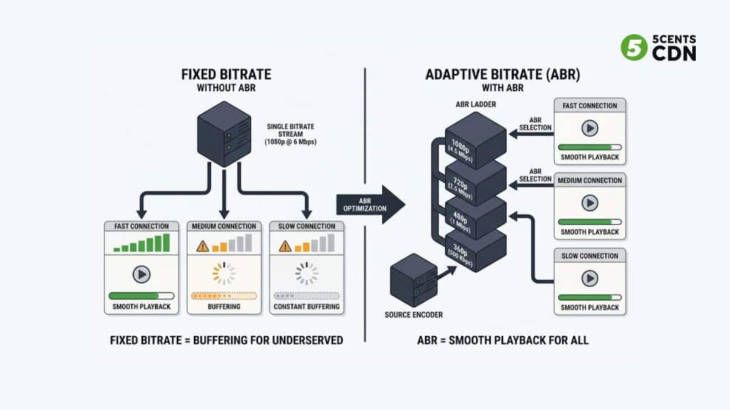 How adaptive bitrate streaming prevents buffering — ABR quality selection vs fixed bitrate for live streaming