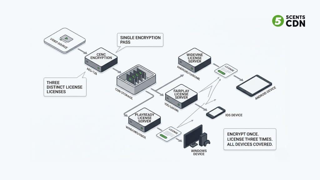 Explanation_Template 2 - 5centsCDN | Video Live Streaming | CDN | Restream CENC multi-DRM architecture diagram — single encryption for Widevine, FairPlay and PlayReady OTT delivery