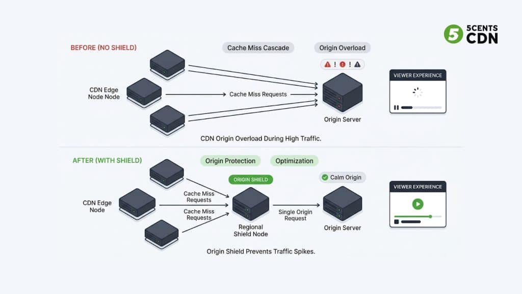 CDN origin shield prevents buffering — how tiered caching stops cache miss cascade during live streaming