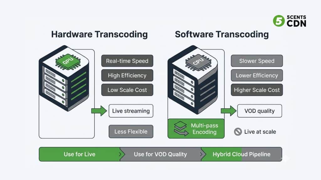 Explanation_Template 3 - 5centsCDN | Video Live Streaming | CDN | Restream Hardware vs software video transcoding comparison — GPU encoding vs CPU encoding for live streaming and VOD