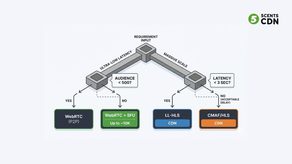 Low latency streaming protocol decision flowchart — when to use LL-HLS vs WebRTC vs CMAF
