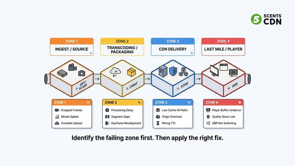 Four-zone live streaming buffering diagnostic framework — ingest transcoding CDN and last mile