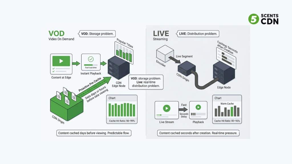 CDN caching for live streaming vs VOD — how edge caching works differently for live and on-demand content delivery