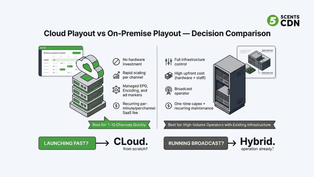 Explanation_Template 1 - 5centsCDN | Video Live Streaming | CDN | Restream Cloud playout vs on-premise playout comparison for FAST channels — cost, scaling, and infrastructure decisions