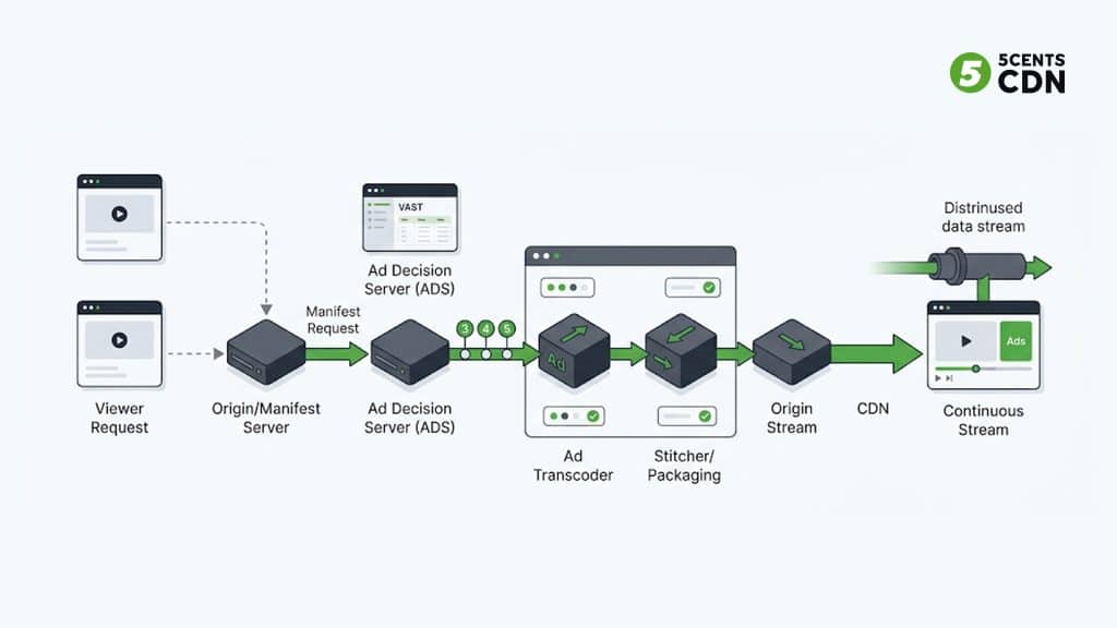 Five-step flow of how SSAI works from viewer request to ad decision server to stitched CDN delivery