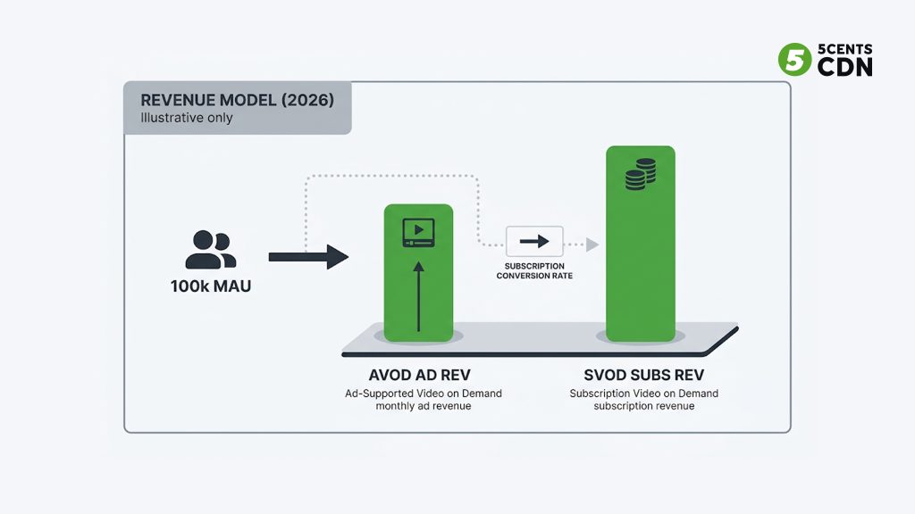 Explanation_Template 1 - 5centsCDN | Video Live Streaming | CDN | Restream Illustrative chart comparing AVOD ad revenue versus SVOD subscription revenue for the same audience
