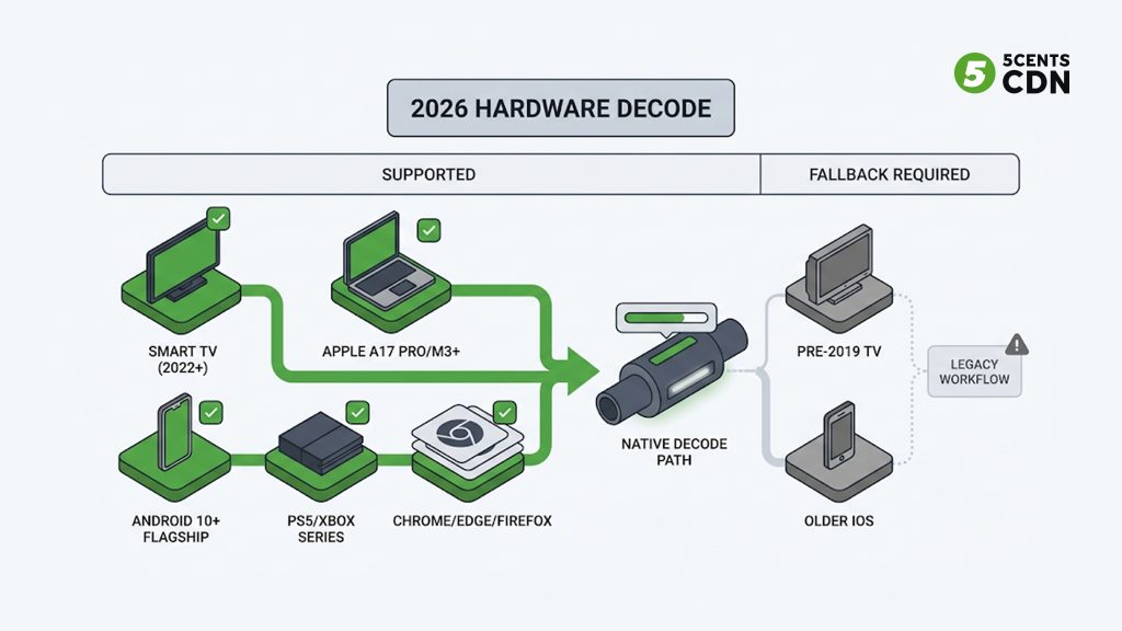 2026 AV1 hardware decode support across smart TVs, mobile, consoles, and desktop chips