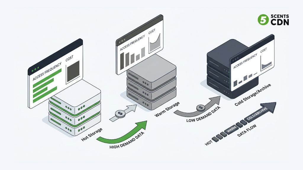 VOD storage tiers showing hot, warm, and cold storage by content access frequency and cost