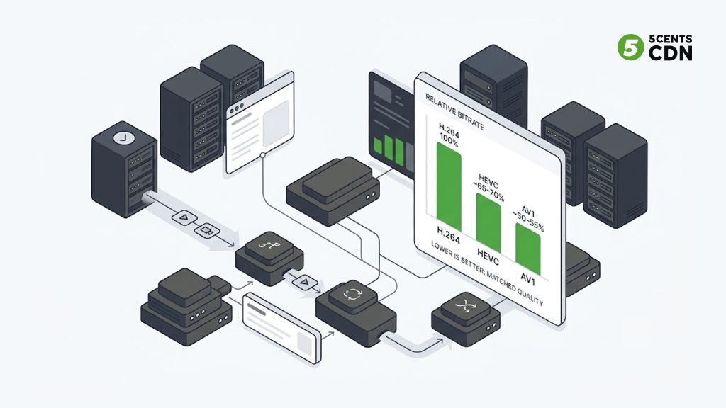 Bar chart comparing bitrate savings of AV1 versus HEVC and H.264 at matched quality