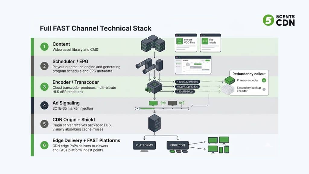 Explanation_Template - 5centsCDN | Video Live Streaming | CDN | Restream FAST channel technical infrastructure stack — full architecture from content library to CDN edge delivery