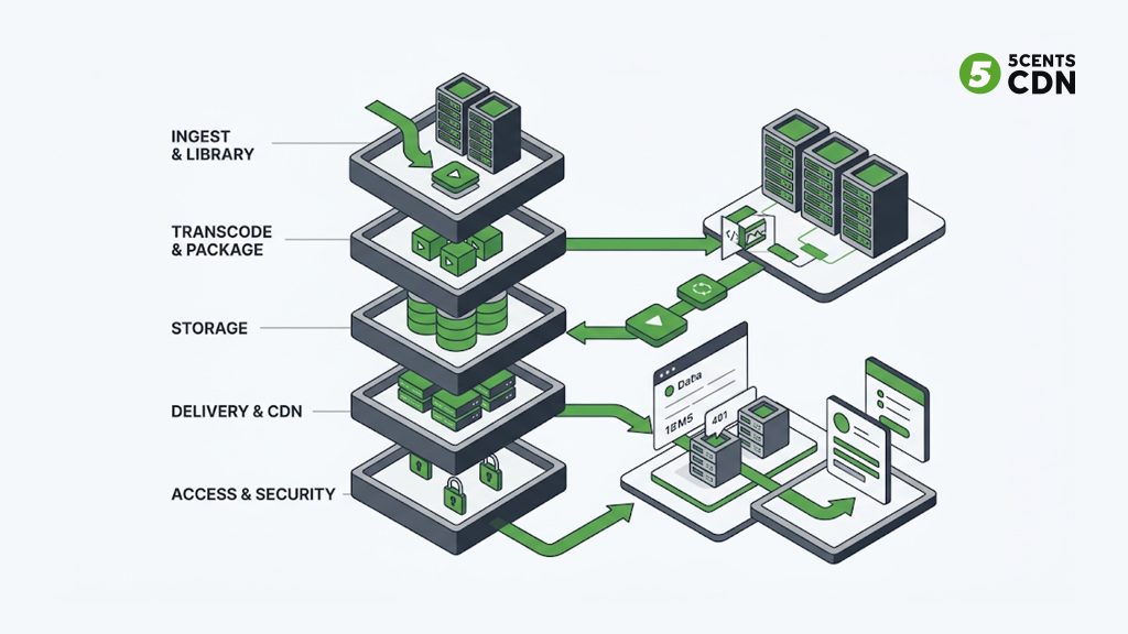 The five layers of VOD architecture: ingest, transcoding and packaging, storage, delivery, and security