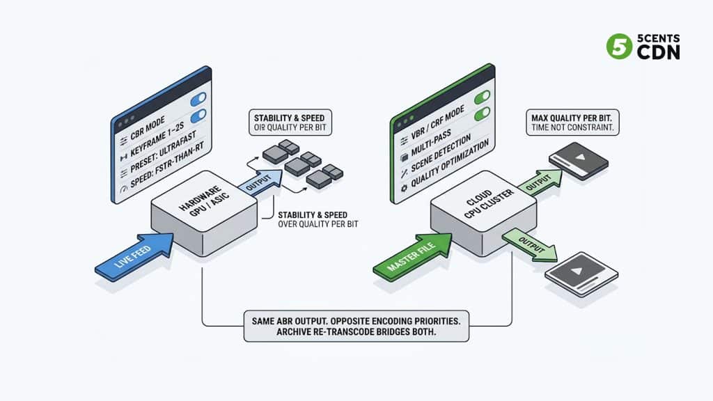 Live transcoding vs VOD transcoding comparison — CBR real-time encoding versus VBR multi-pass quality optimization