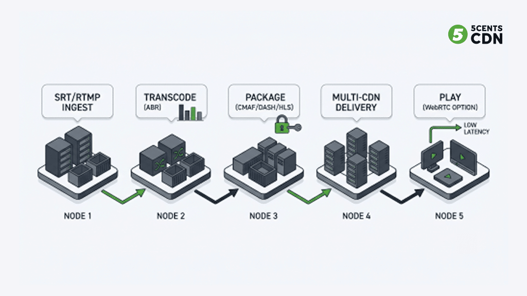 Diagram of the live sports streaming pipeline showing which protocol is used at each stage