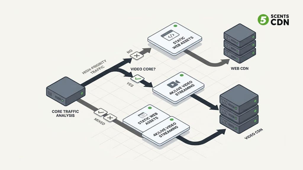 Decision flowchart for choosing between a standard web CDN and a video CDN