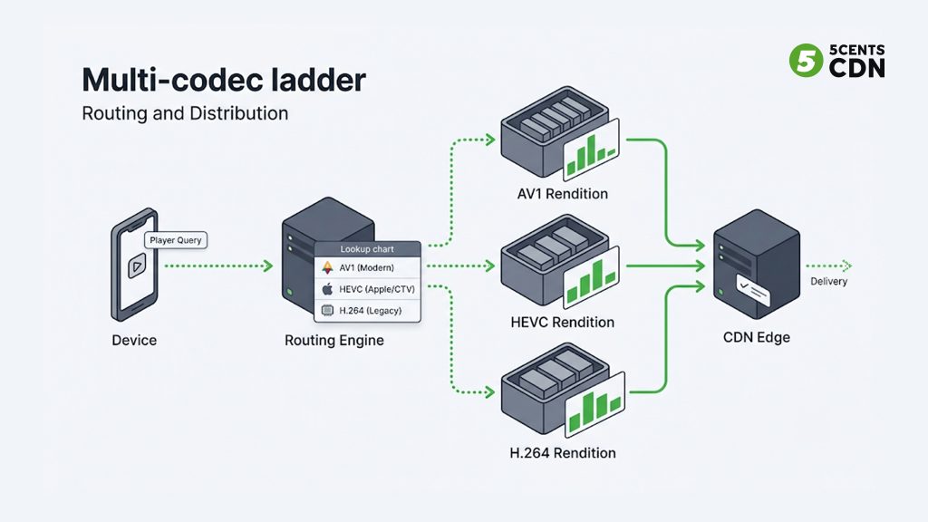 Diagram of a multi-codec bitrate ladder serving AV1, HEVC, and H.264 based on device support