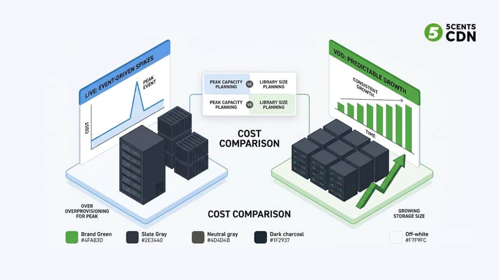 Live streaming vs VOD infrastructure cost model comparison — event-driven spikes versus predictable per-GB delivery