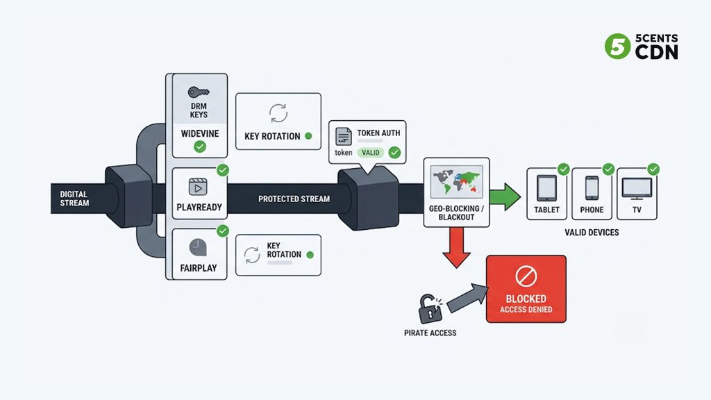 Diagram of multi-DRM, token authentication, and geo-blocking protecting a live sports stream