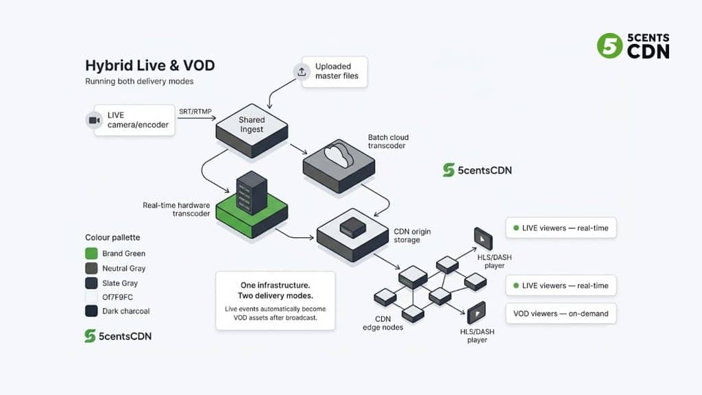 Hybrid live streaming and VOD platform architecture — shared CDN and transcoding infrastructure for OTT operators