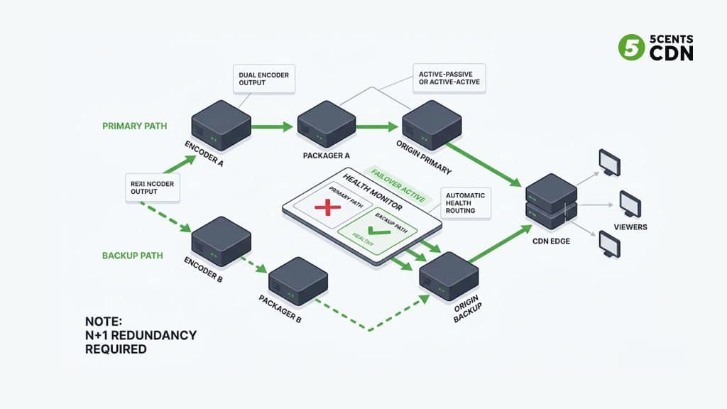 Explanation_Template 4 - 5centsCDN | Video Live Streaming | CDN | Restream FAST channel redundancy architecture — primary and backup streaming paths for 24/7 linear channel uptime
