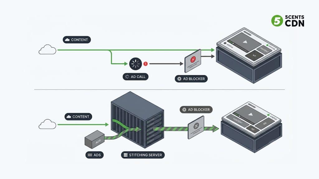 Comparison diagram of server-side ad insertion versus client-side ad insertion