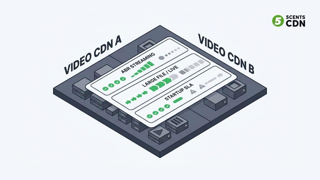 Comparison table of video CDN versus standard web CDN across architecture, ABR, latency, and cost