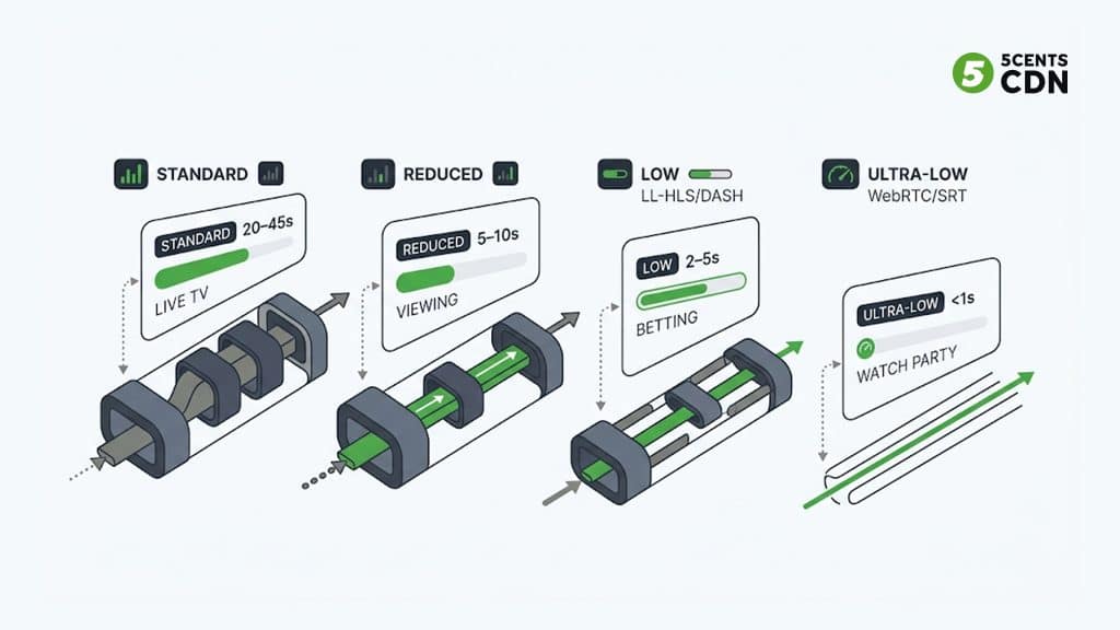 Comparison of streaming latency tiers from standard HLS to ultra-low-latency WebRTC for live sports streaming infrastructure
