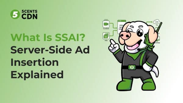 Diagram showing server-side ad insertion stitching an ad into a video stream before CDN delivery