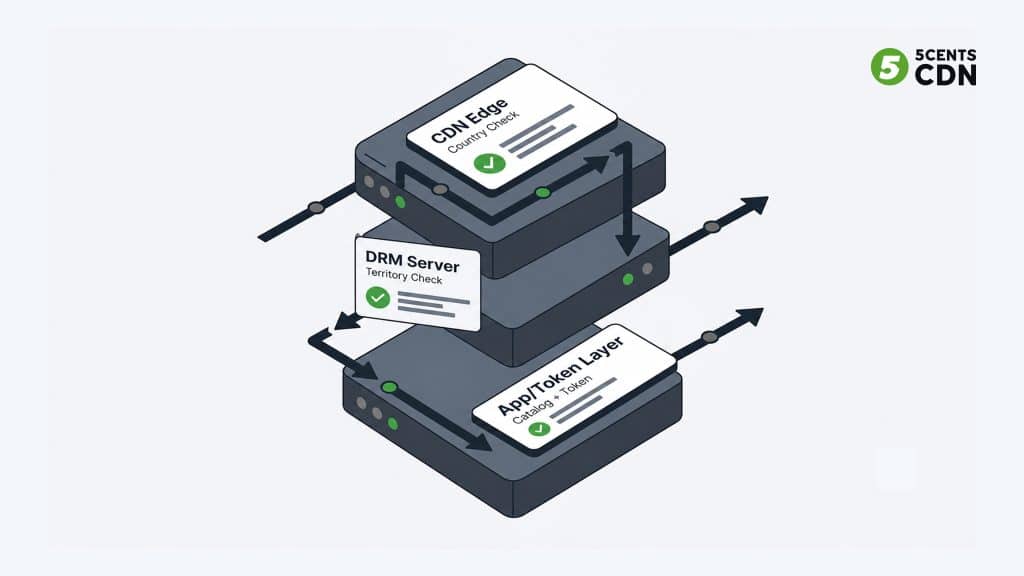 Explanation_Template 1 - 5centsCDN | Video Live Streaming | CDN | Restream Three enforcement layers for geo-blocking: CDN edge, DRM license server, and application token layer