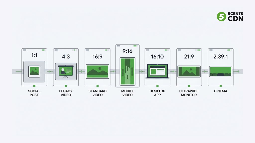 Common video aspect ratios 1:1 4:3 16:9 9:16 21:9 shown to scale