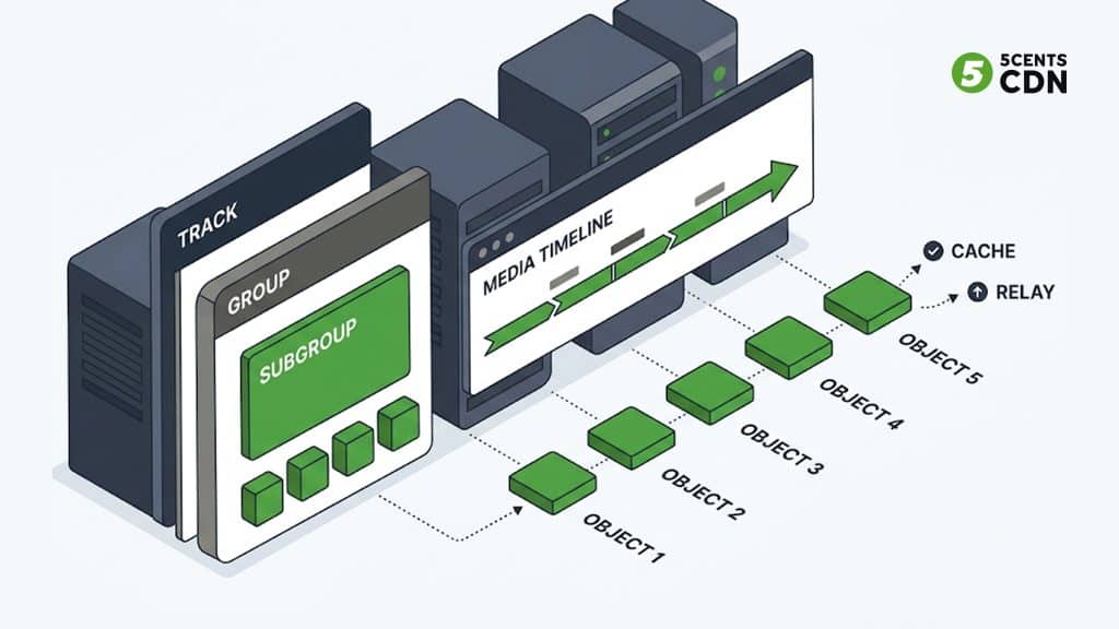 MoQ data model hierarchy of tracks groups subgroups and objects