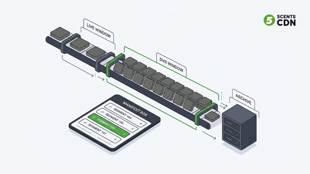 Explanation_Template-1 - 5centsCDN | Video Live Streaming | CDN | Restream How cloud DVR works by retaining live stream segments and extending the manifest window