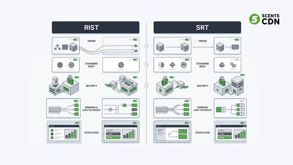 Explanation_Template 1 - 5centsCDN | Video Live Streaming | CDN | Restream Comparison of RIST and SRT across origin, security, bonding, packet loss tolerance, and ecosystem