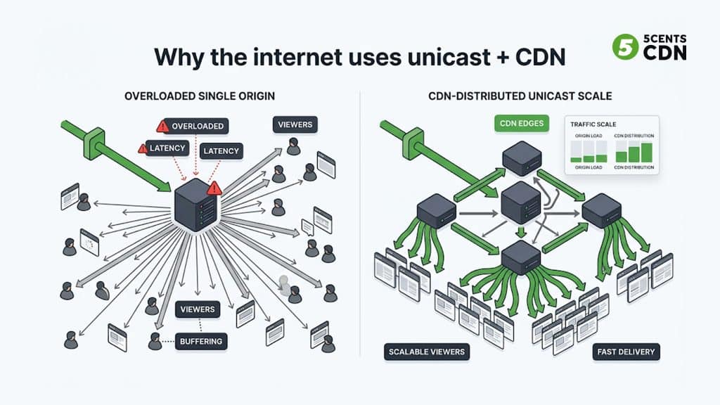 A CDN distributing unicast streams from edge servers so one origin can reach millions of viewers