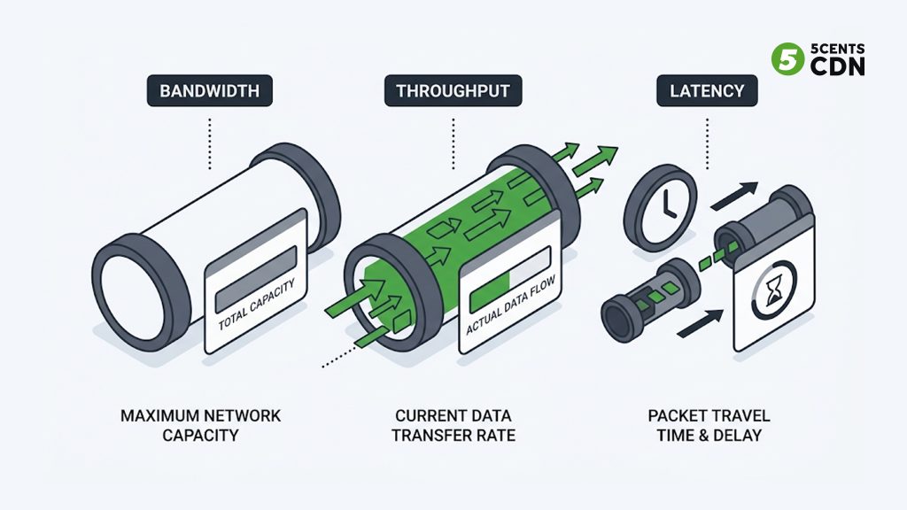 Explanation_Template-1 - 5centsCDN | Video Live Streaming | CDN | Restream Comparison of bandwidth as maximum capacity, throughput as actual delivered rate, and latency as delay