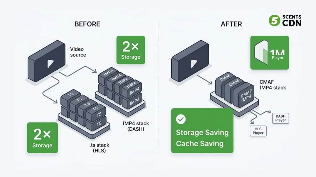 Legacy streaming packaging the same video twice as MPEG-TS for HLS and fMP4 for DASH versus one CMAF set
