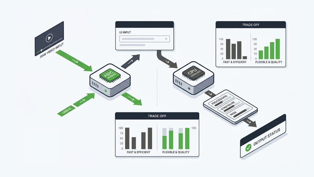 Explanation_Template - 5centsCDN | Video Live Streaming | CDN | Restream Hardware encoding on a dedicated chip or GPU versus software encoding on a general-purpose CPU