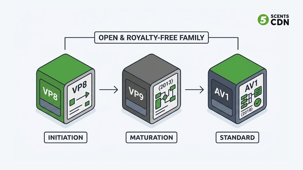 Codec lineage from VP8 to VP9 to AV1 in the open royalty-free family