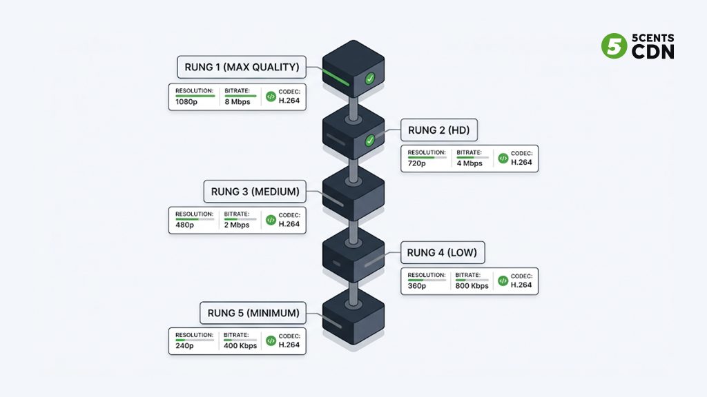 Explanation_Template - 5centsCDN | Video Live Streaming | CDN | Restream Anatomy of an encoding ladder rung showing resolution bitrate and codec per rendition
