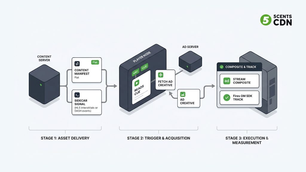 Explanation_Template - 5centsCDN | Video Live Streaming | CDN | Restream SGAI workflow showing server signaling and client-side ad fetch and tracking