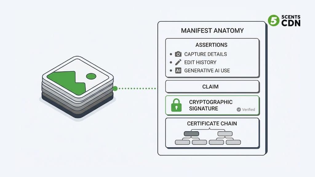 Anatomy of a C2PA manifest showing assertions claim signature and certificate chain